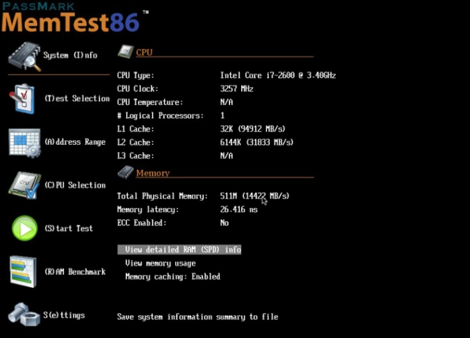 MemTest86 интерфейс