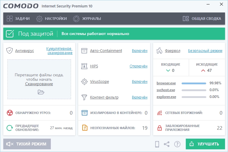 Интерфейс Comodo Internet Security Premium