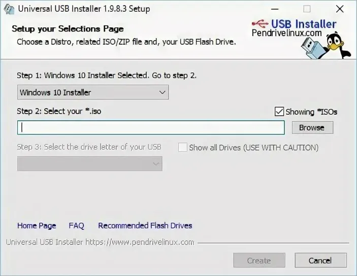 Интерфейс Universal USB Installer